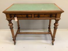 A Victorian Gillows walnut and part ebonised two drawer writing table, width 91cm, depth 53cm,