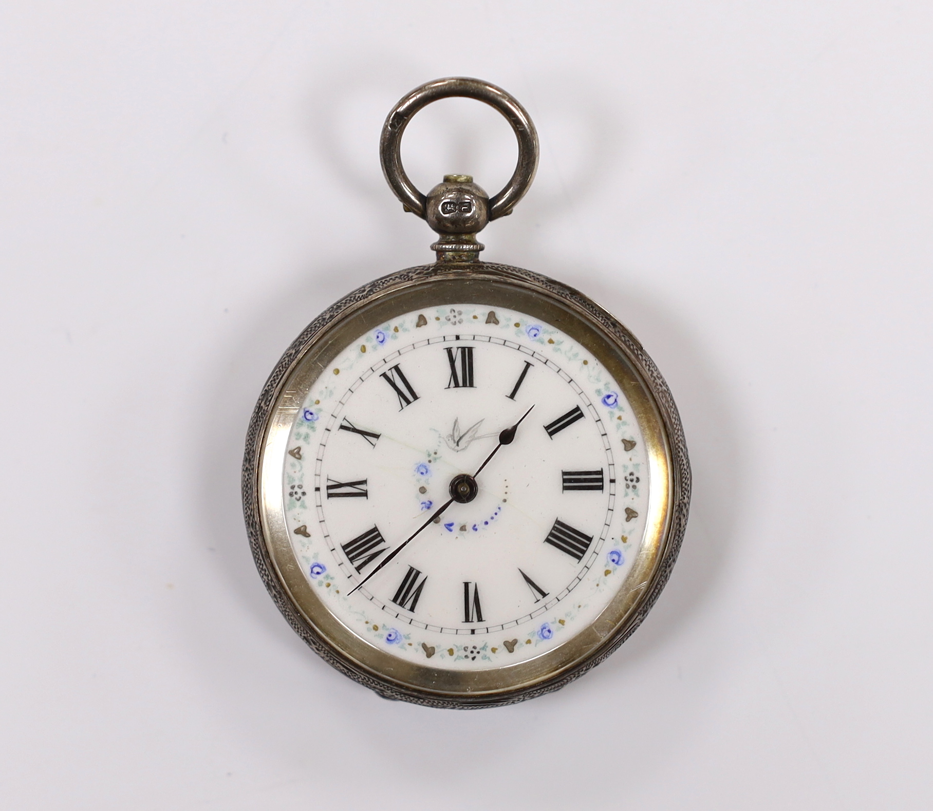 A lady's late Victorian silver open face key wind fob watch, with Roman dial.