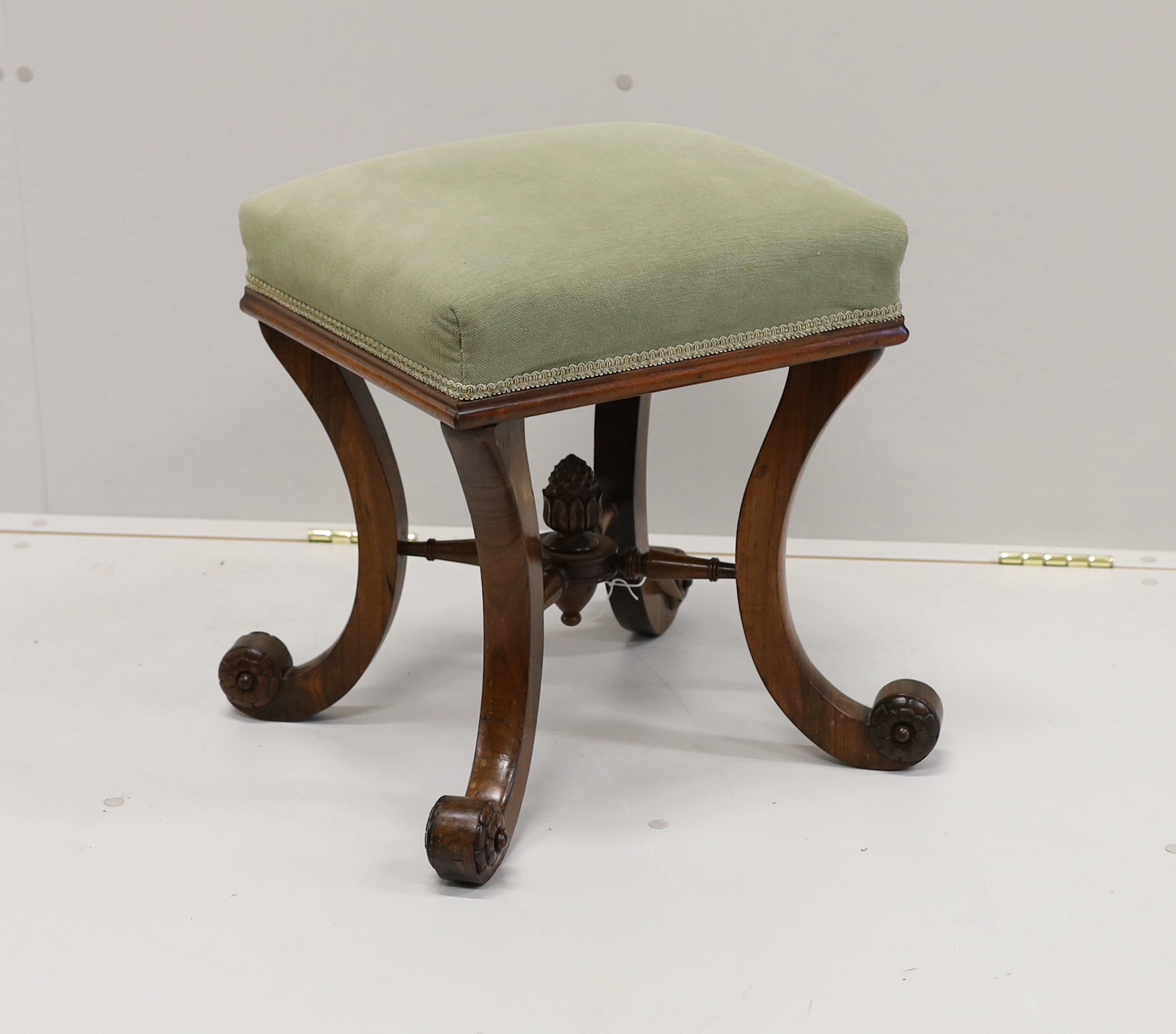 A Victorian rosewood dressing stool on scrolled supports, width 46cm, height 48cm - Image 2 of 4