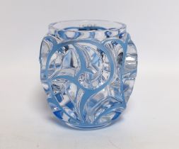 A modern Lalique Tourbillons blue overlaid glass vase with box, signed to the base, 13cm high