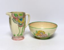 A Clarice Cliff Pink Pearls pattern jug and a related Wilkinson’s Honeyglaze bowl, Aurea pattern,