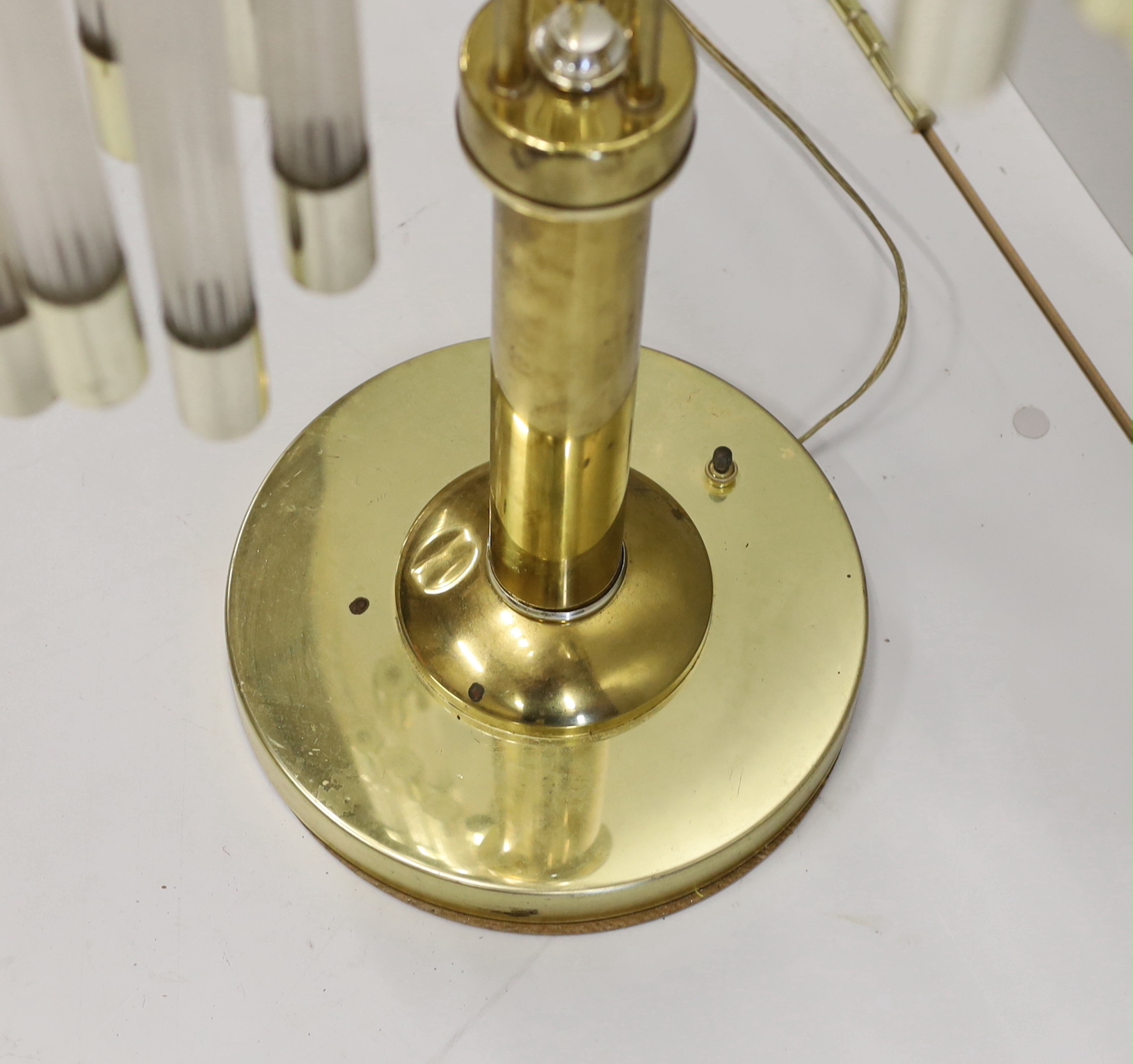 A contemporary brass and perspex three branch table lamp, height 91cm - Image 4 of 5