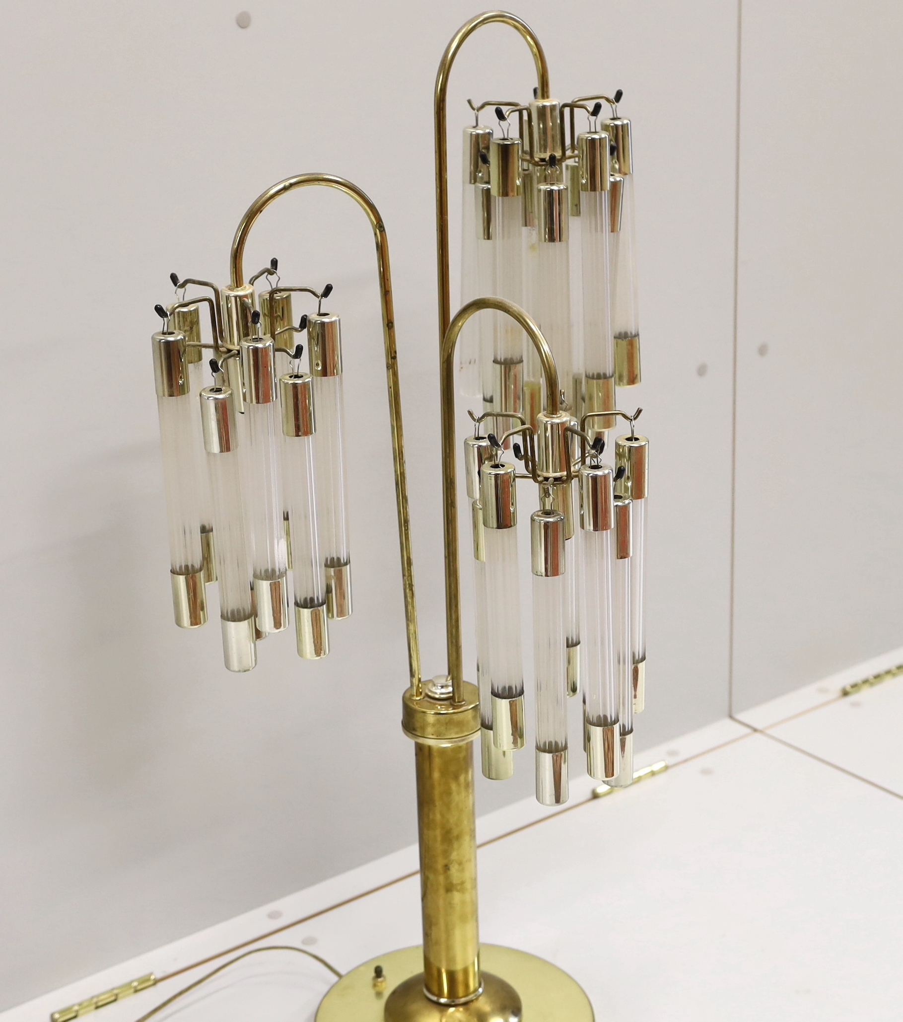 A contemporary brass and perspex three branch table lamp, height 91cm - Image 2 of 5