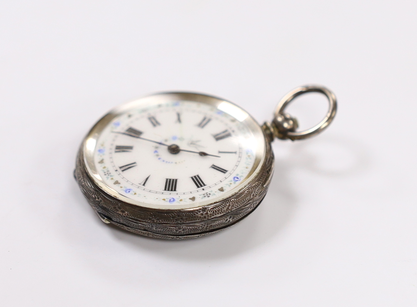 A lady's late Victorian silver open face key wind fob watch, with Roman dial. - Image 2 of 4