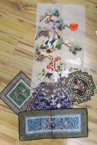 Five Chinese embroideries including one with gilt thread and one gauze example embroidered with