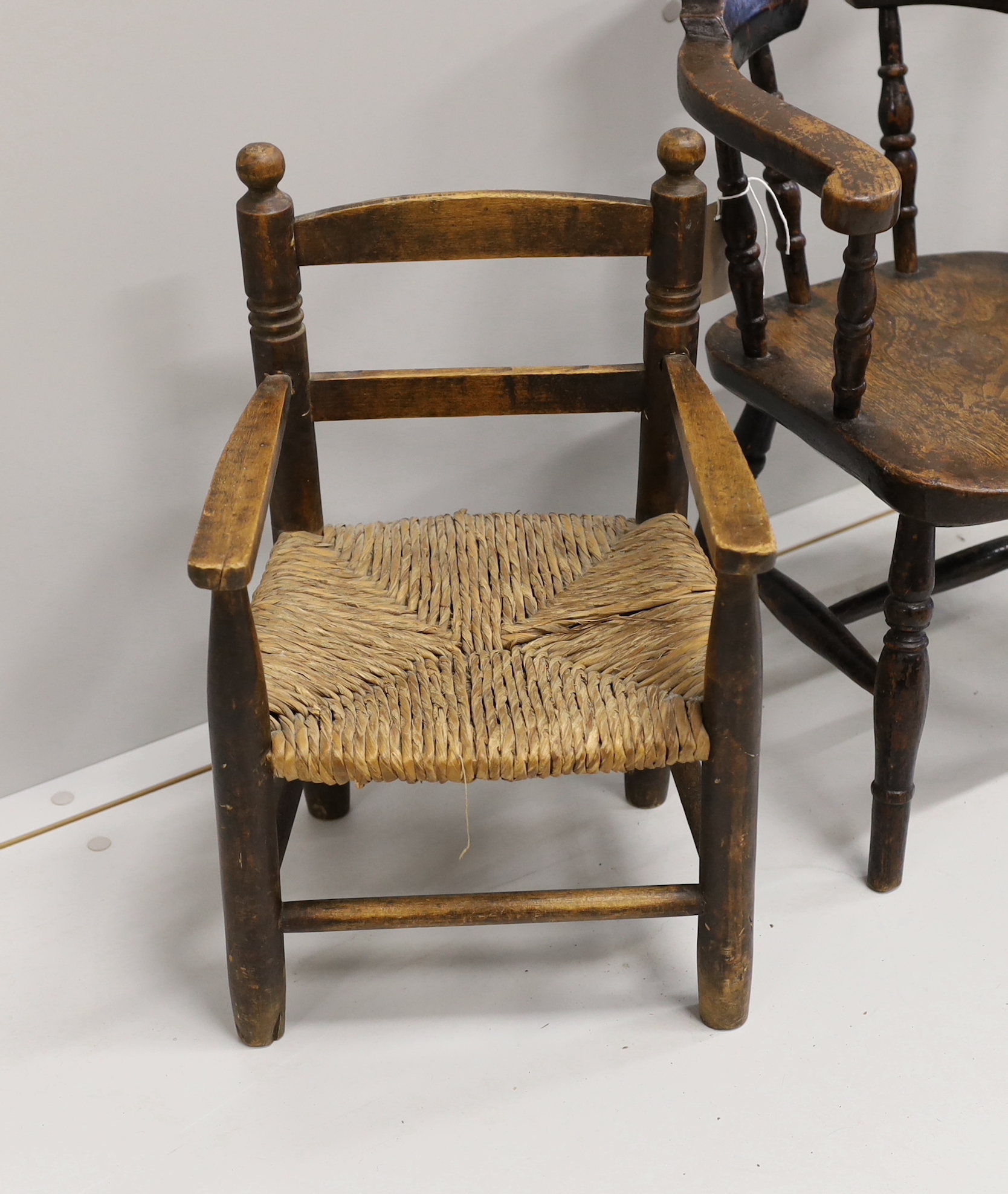 A child's Victorian elm and beech bow chair, a single chair and a rush seat chair - Image 2 of 4