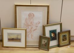 Five various paintings and prints including a mid Victorian watercolour portrait of a lady, a