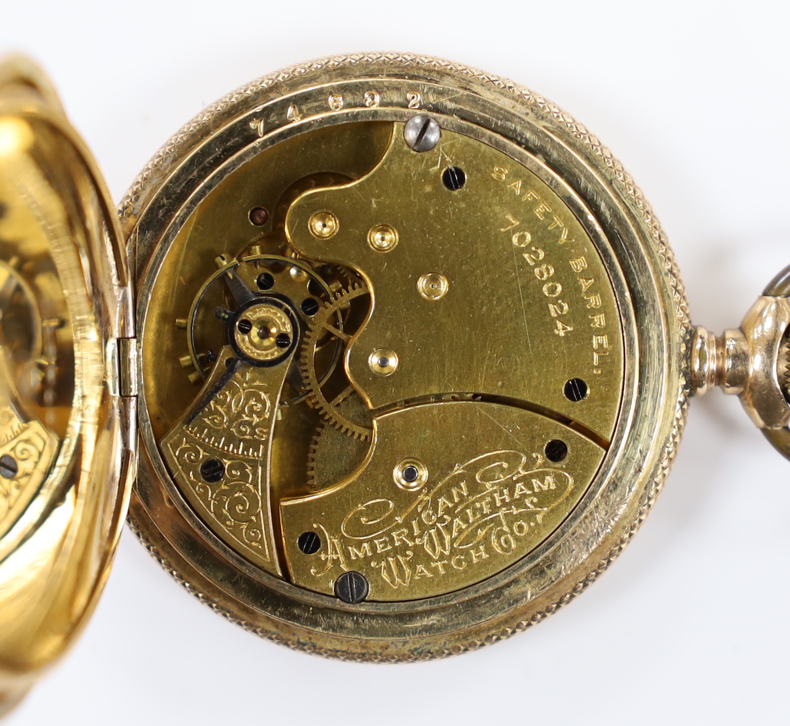 An American Waltham engraved gold plated hunter pocket watch, case diameter 42mm, together with a - Image 3 of 4