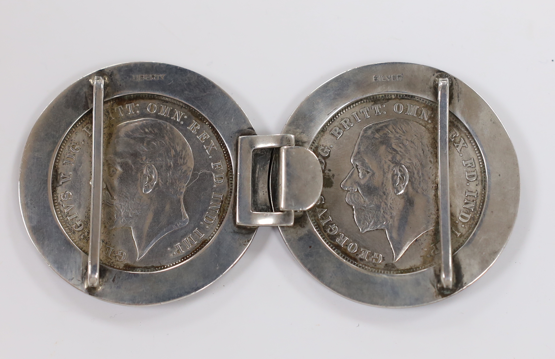 A 1930's white metal and two colour enamelled mounted twin 1933 crown coin belt buckle, stamped ' - Image 2 of 2