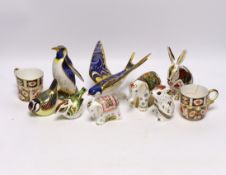 Eight Royal Crown Derby paperweight animal and bird models with boxes including Imari Hare and