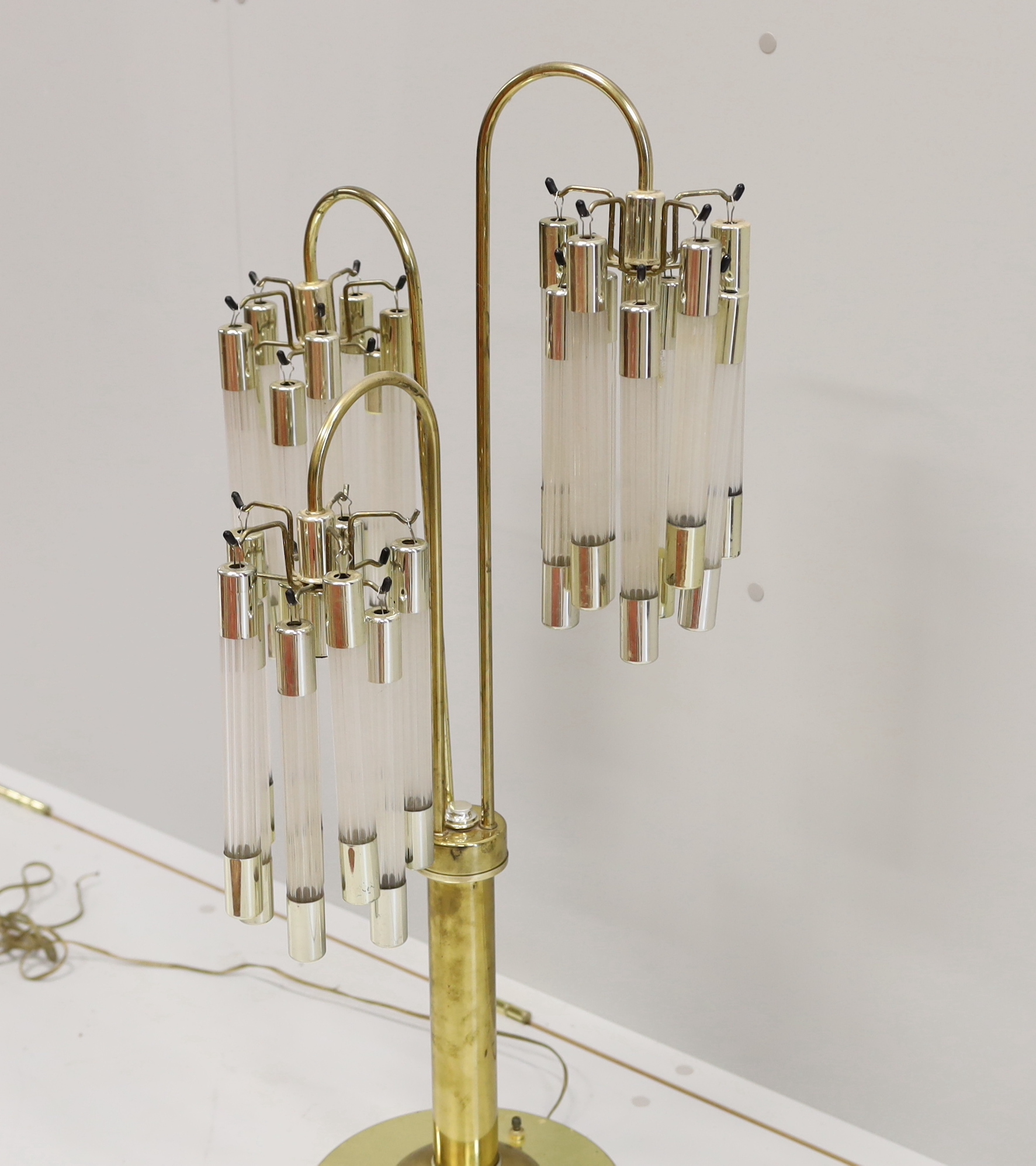 A contemporary brass and perspex three branch table lamp, height 91cm - Image 3 of 5