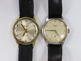 A gentleman's 1950's stainless steel Longines manual wind wrist watch, with case back inscription