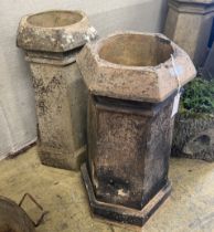 A pair of hexagonal terracotta chimney pots, larger height 71cm