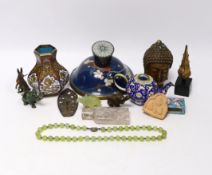 A collection of Chinese and other Oriental items including a cloisonné enamel vase, carved elephants