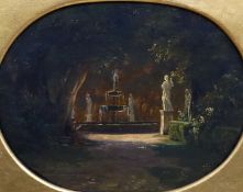 Thorald Læssøe (Danish, 1816-1878), oil on canvas, Classical statues and fountain, 23 x 17cm, oval