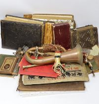 Sundry items including ephemera, empty Victorian photograph albums, bugle, miniature books, rosary
