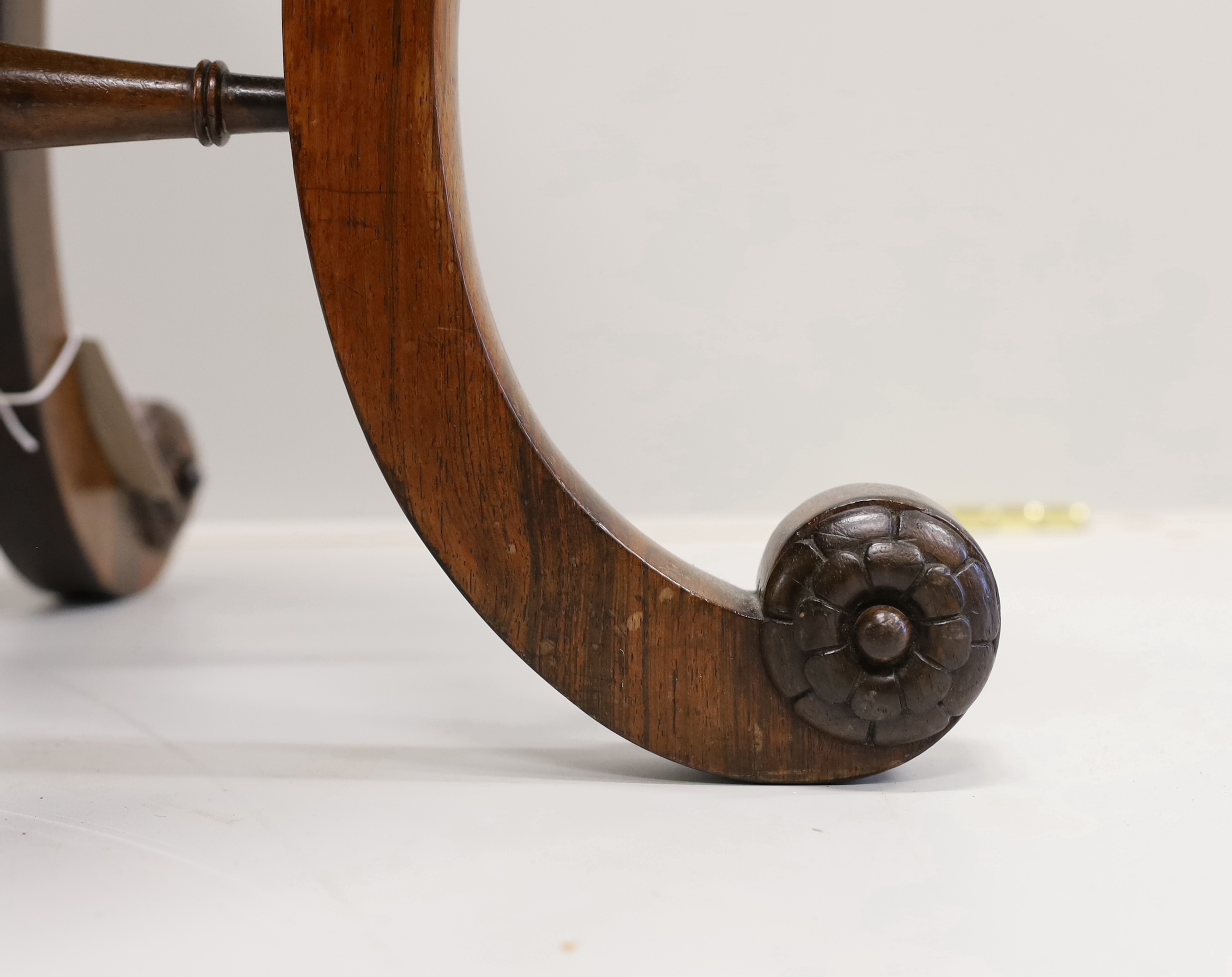 A Victorian rosewood dressing stool on scrolled supports, width 46cm, height 48cm - Image 3 of 4