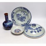 A group of Chinese ceramics including a flambé vase, an 18th century blue and white floral plate and