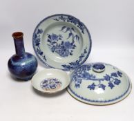 A group of Chinese ceramics including a flambé vase, an 18th century blue and white floral plate and