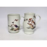 Two Derby mugs, c.1760-65, decorated with birds, tallest 14cm