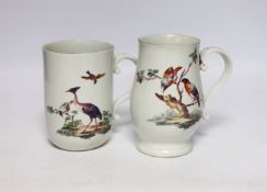 Two Derby mugs, c.1760-65, decorated with birds, tallest 14cm