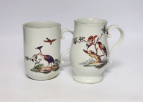 Two Derby mugs, c.1760-65, decorated with birds, tallest 14cm