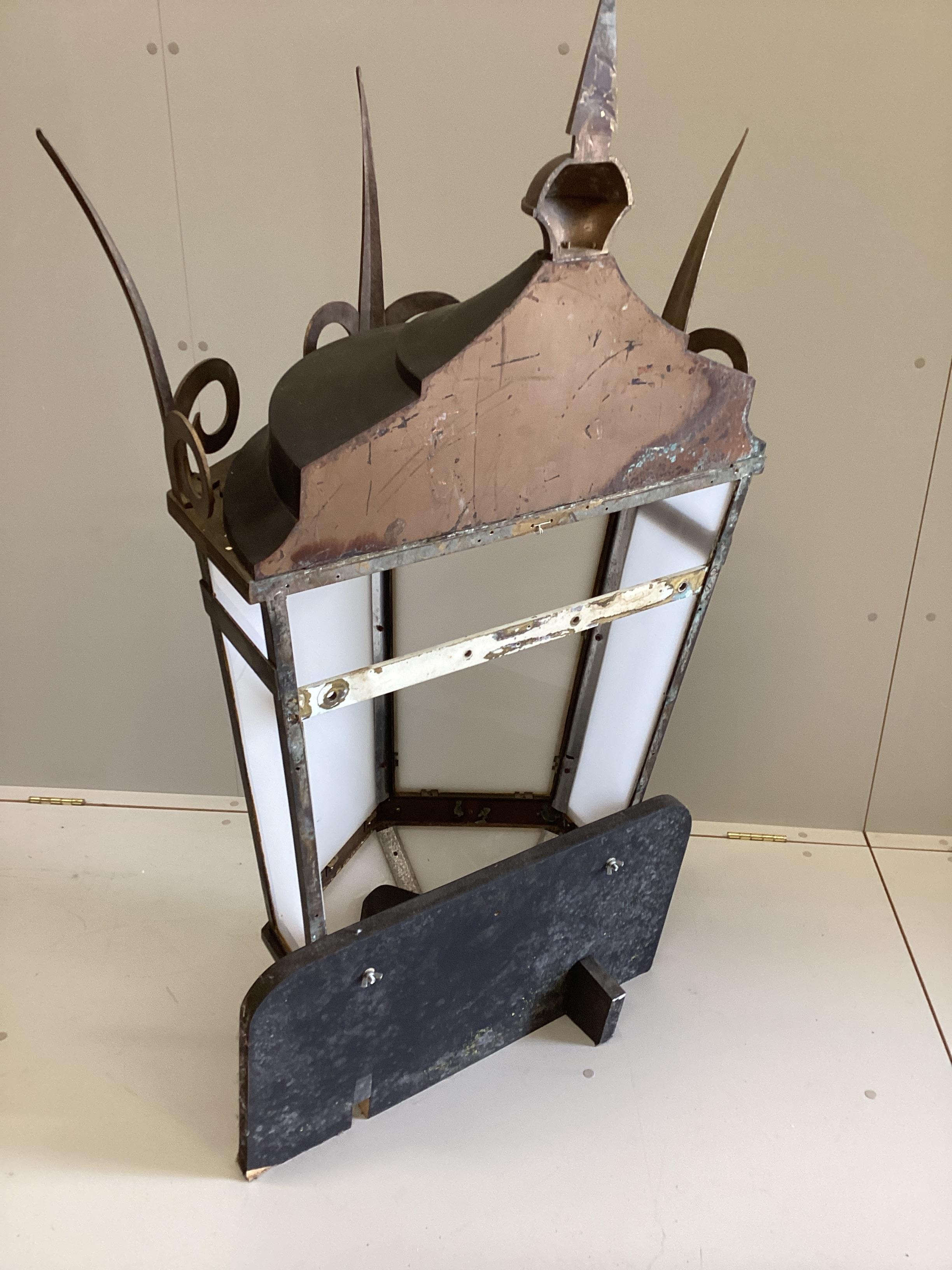A large Victorian style copper mounted tin wall lantern, width 85cm, depth 39cm, height approx. - Image 2 of 2