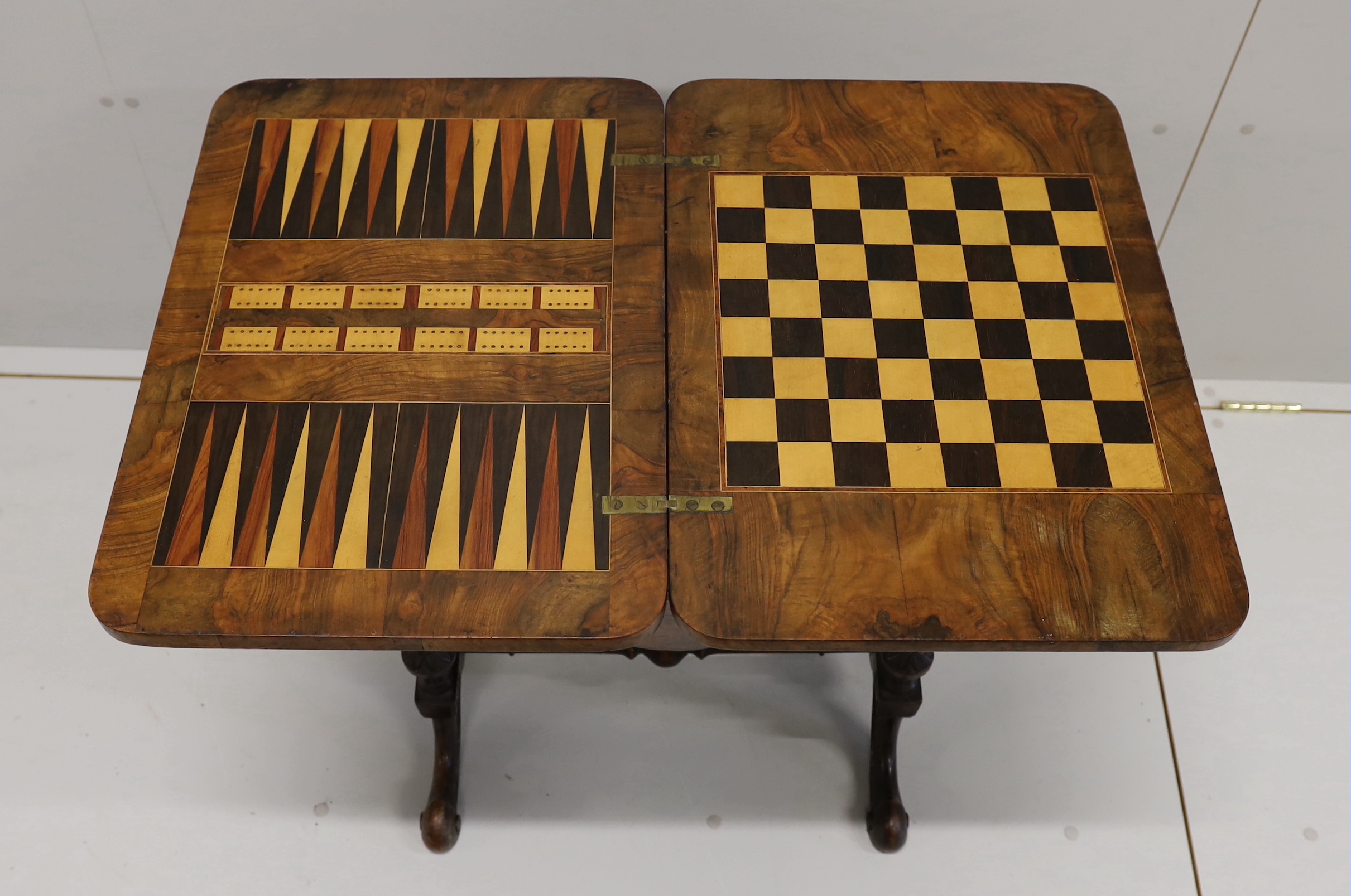 A Victorian figured walnut rectangular sewing / games table, width 58cm, depth 41cm, height 69cm - Image 4 of 5