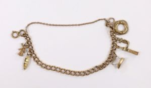 A 9ct curb link charm bracelet, hung with six assorted charms, including five 9ct gold, gross weight