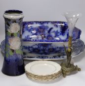 A Flow blue and gilt decorated bowl, a blue and white meat platter, a Royal Doulton vase, a gilt