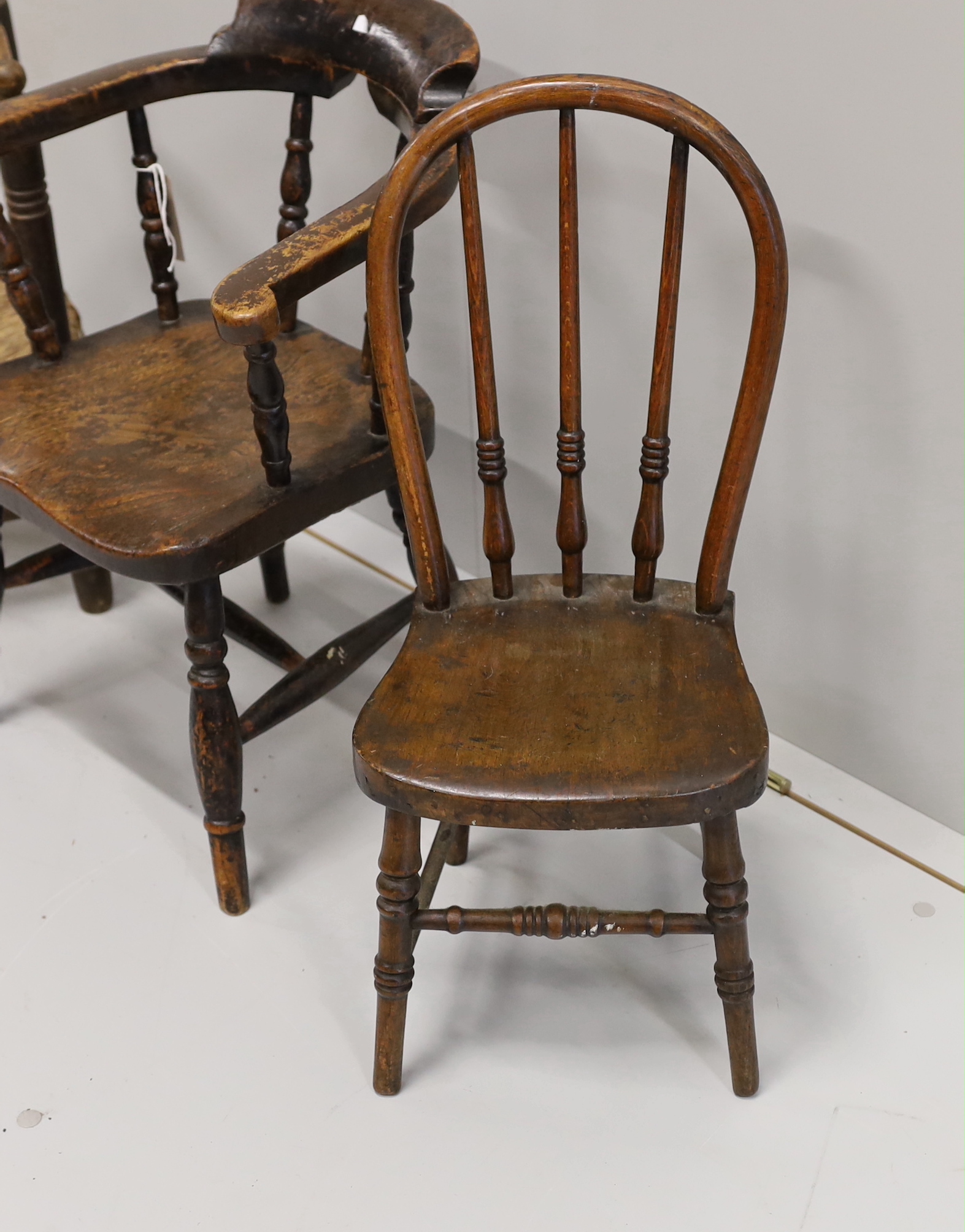 A child's Victorian elm and beech bow chair, a single chair and a rush seat chair - Image 3 of 4