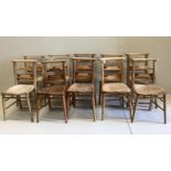 Ten Victorian elm and beech chapel chairs, width 38cm, height 77cm