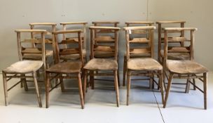 Ten Victorian elm and beech chapel chairs, width 38cm, height 77cm