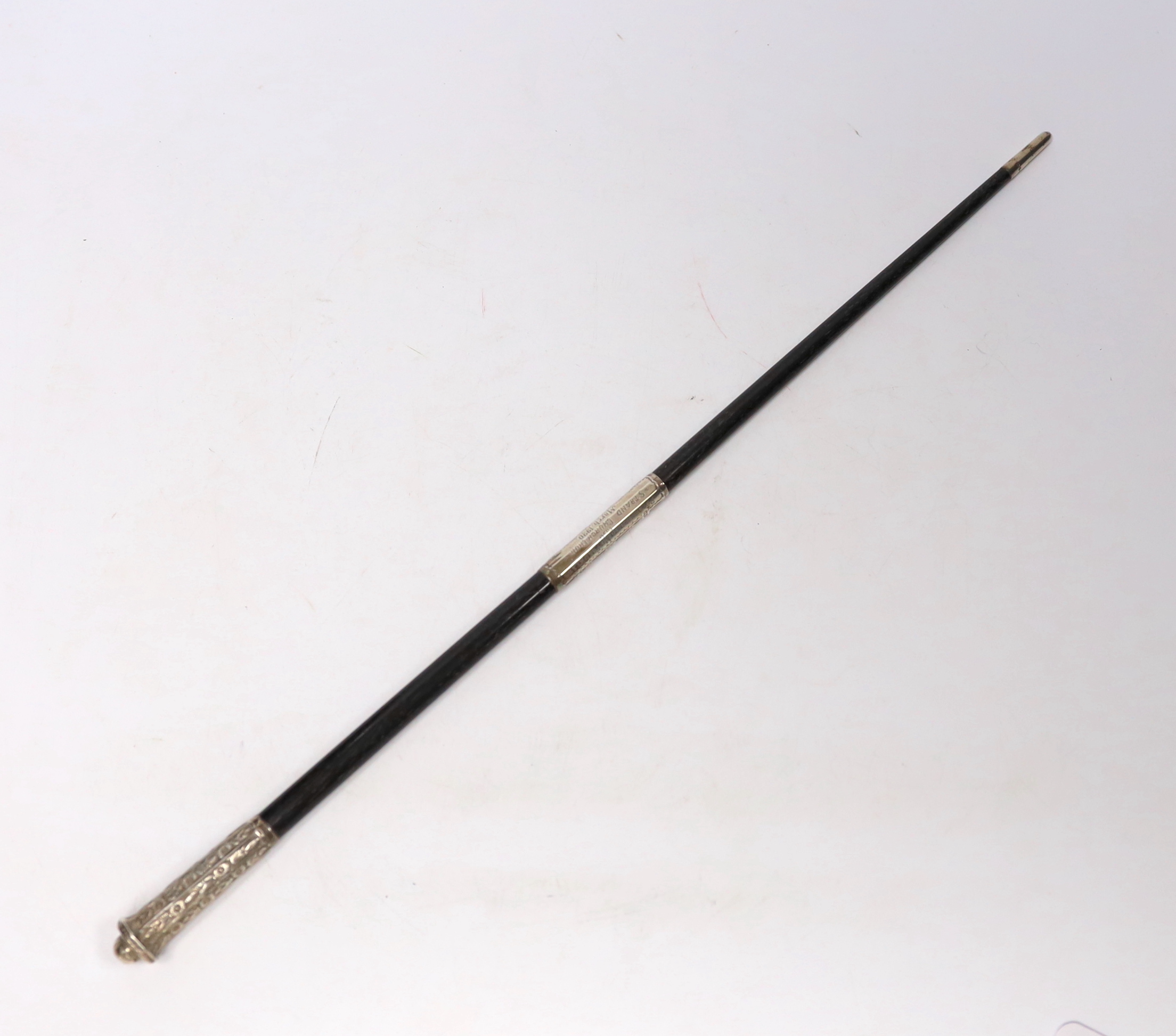 A cased George V silver mounted conductor's baton, two part baton with threaded joint, engraved - Image 2 of 5