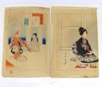 A Japanese woodblock triptych, by Miyagawa Shuntei, seated females, 39cm x 26cm unframed