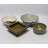 Three Chinese bowls including two blue and white examples, together with a ge ware type square dish,