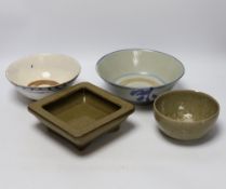 Three Chinese bowls including two blue and white examples, together with a ge ware type square dish,