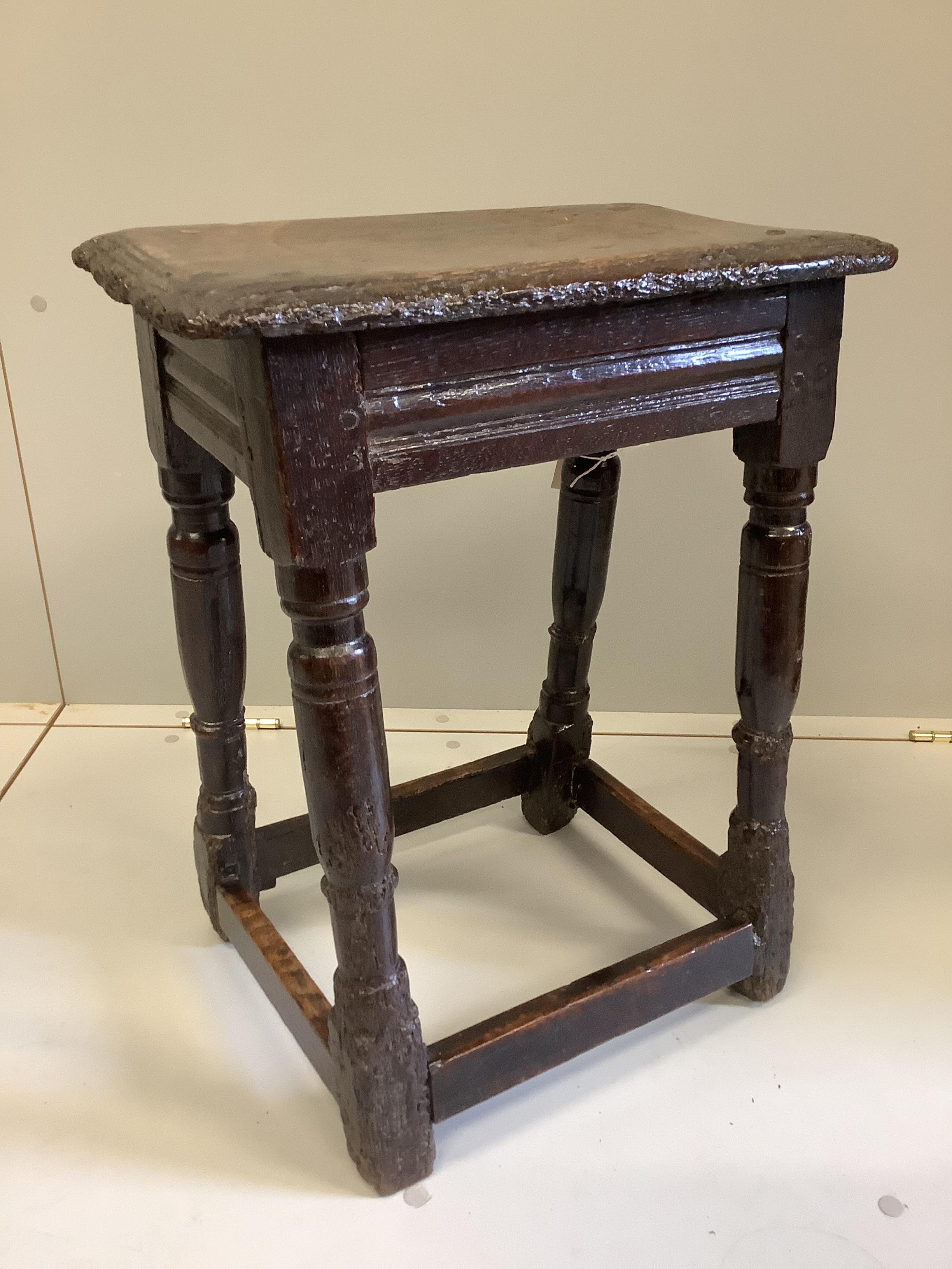 A 17th century oak joint stool, width 45cm, depth 27cm, height 57cm