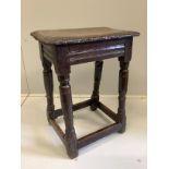 A 17th century oak joint stool, width 45cm, depth 27cm, height 57cm