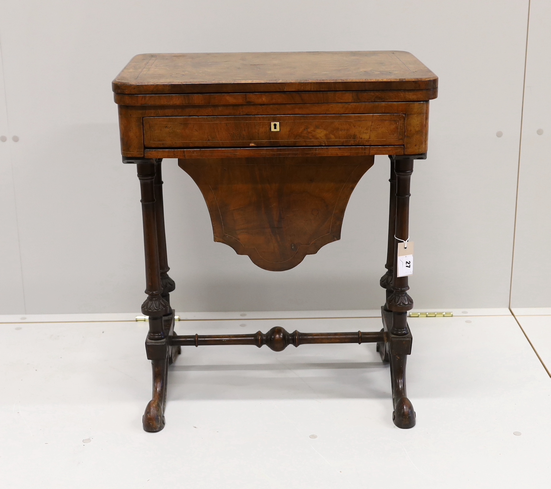 A Victorian figured walnut rectangular sewing / games table, width 58cm, depth 41cm, height 69cm - Image 2 of 5