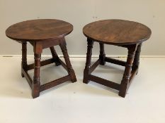 A near pair of early 20th century 18th century style circular oak occasional tables, 50cm