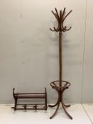 A beech bentwood coat stand, height 184cm, together with a hanging bentwood coat rack