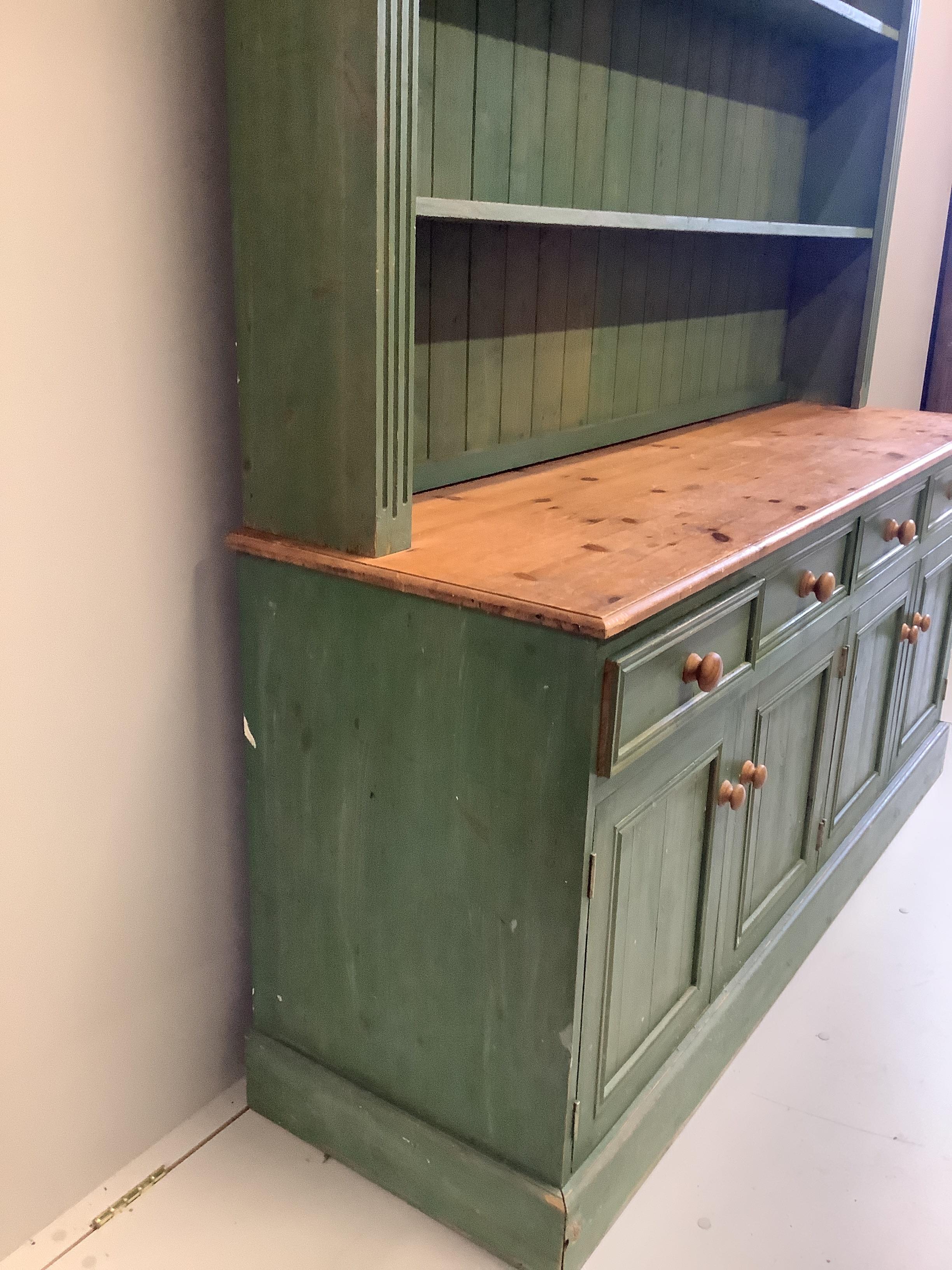 A Victorian style part painted pine dresser with boarded rack, width 172cm, depth 50cm, height - Image 2 of 3