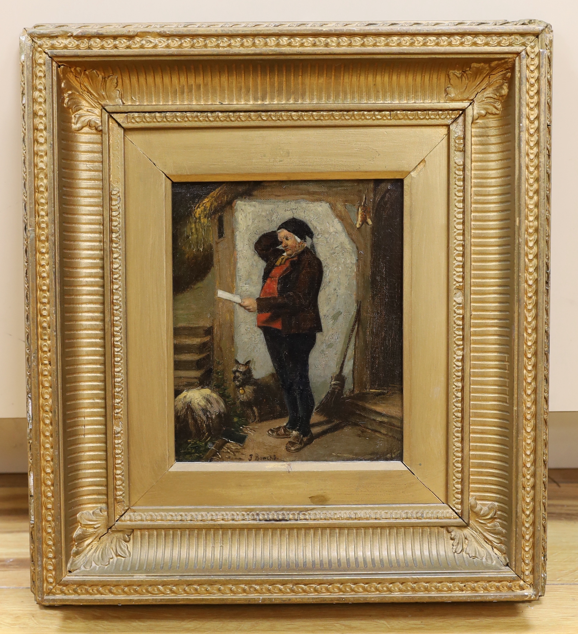 J Bowers (19th century), oil on canvas, Interior scene with gentleman and dog, signed, 19 x 16cm - Image 2 of 4