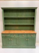 A Victorian style part painted pine dresser with boarded rack, width 172cm, depth 50cm, height