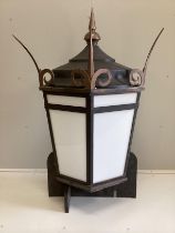 A large Victorian style copper mounted tin wall lantern, width 85cm, depth 39cm, height approx.