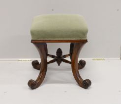A Victorian rosewood dressing stool on scrolled supports, width 46cm, height 48cm