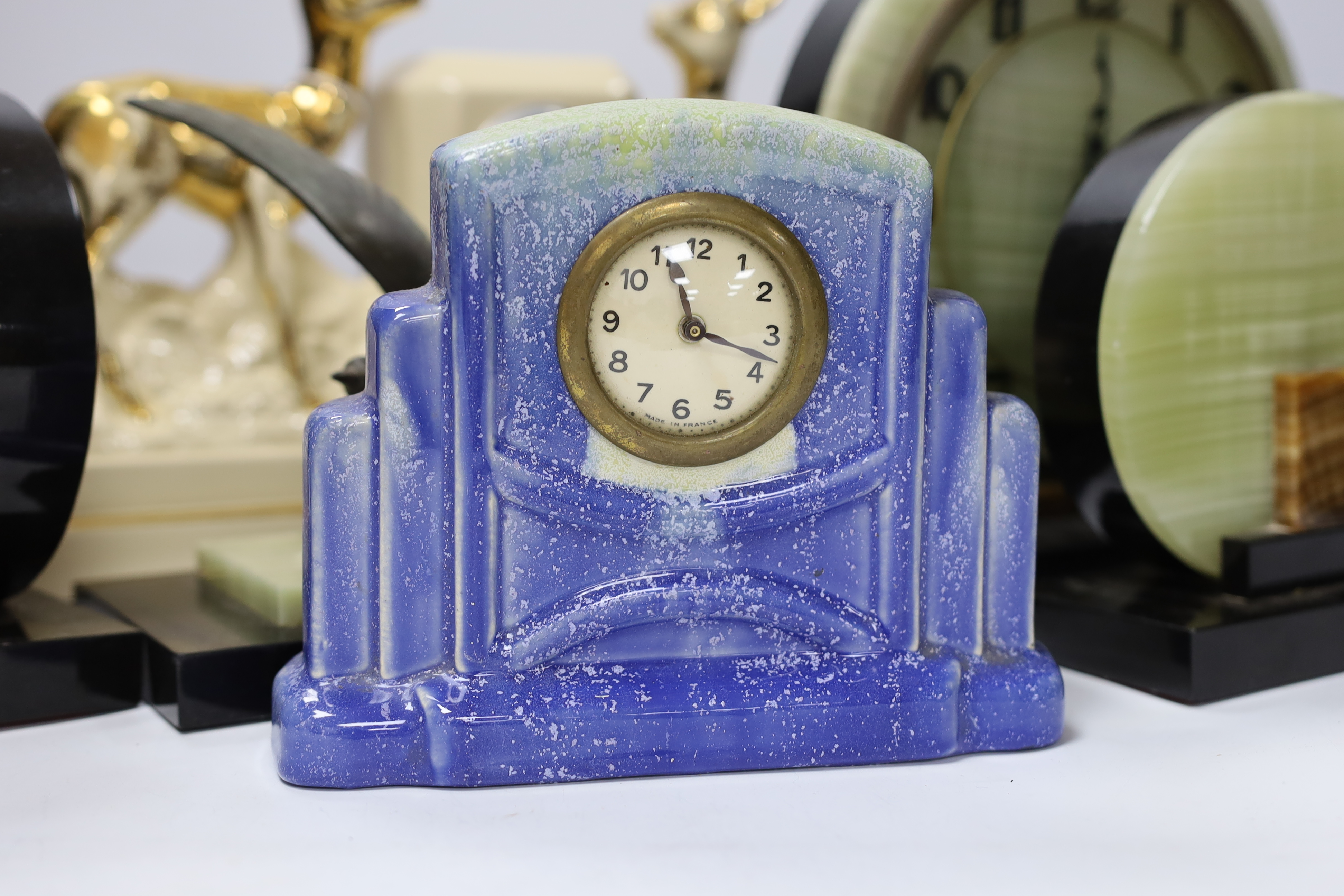 A French Art Deco green onyx clock garniture with bluebird spelter mount, together with two French - Image 4 of 4