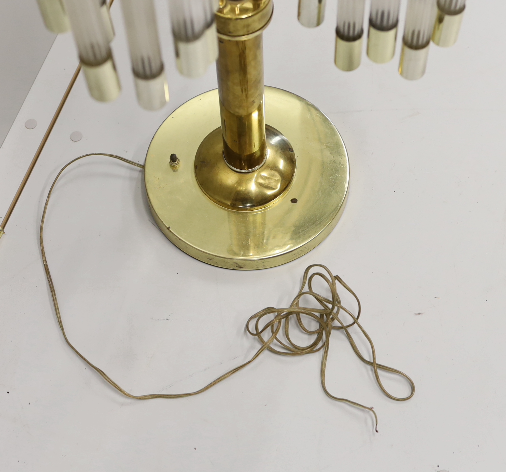 A contemporary brass and perspex three branch table lamp, height 91cm - Image 5 of 5