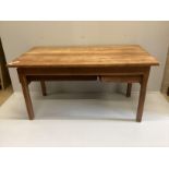 A 19th century French rectangular oak kitchen table, width 150cm, depth 82cm, height 77cm